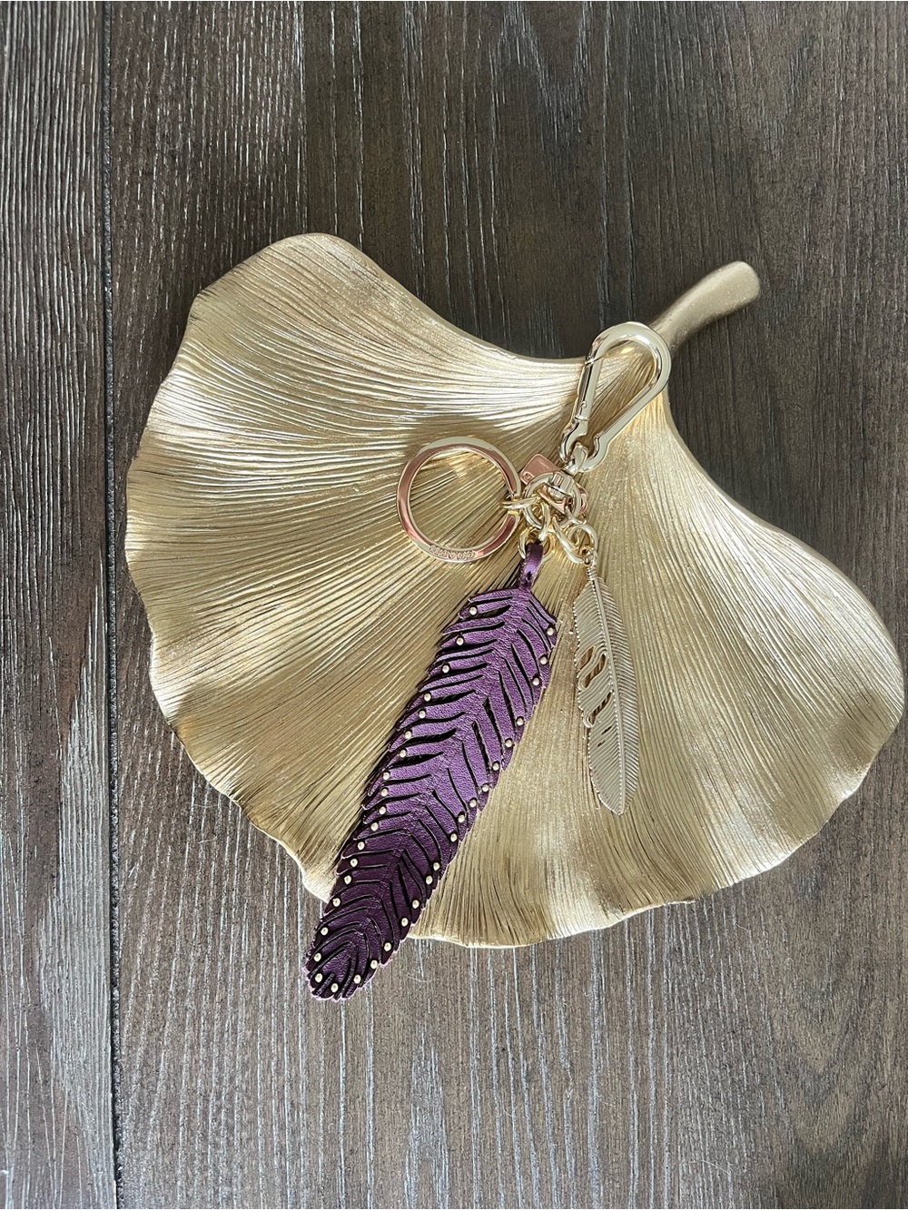 Coach Purple Feather Keyring with Gold Hardware